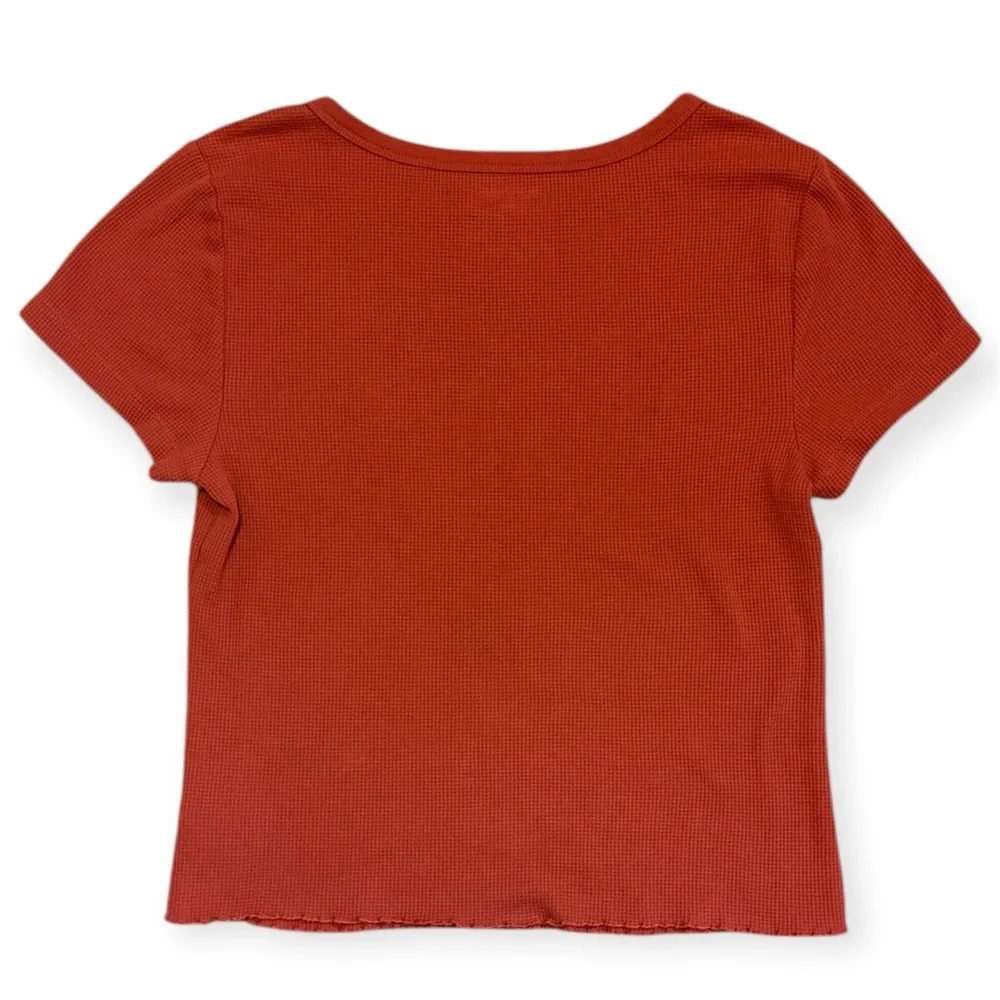 Old Navy Rib Knit Short Sleeve T-Shirt Ruffled Hem Women’s L Rust Orange - Picture 6 of 6